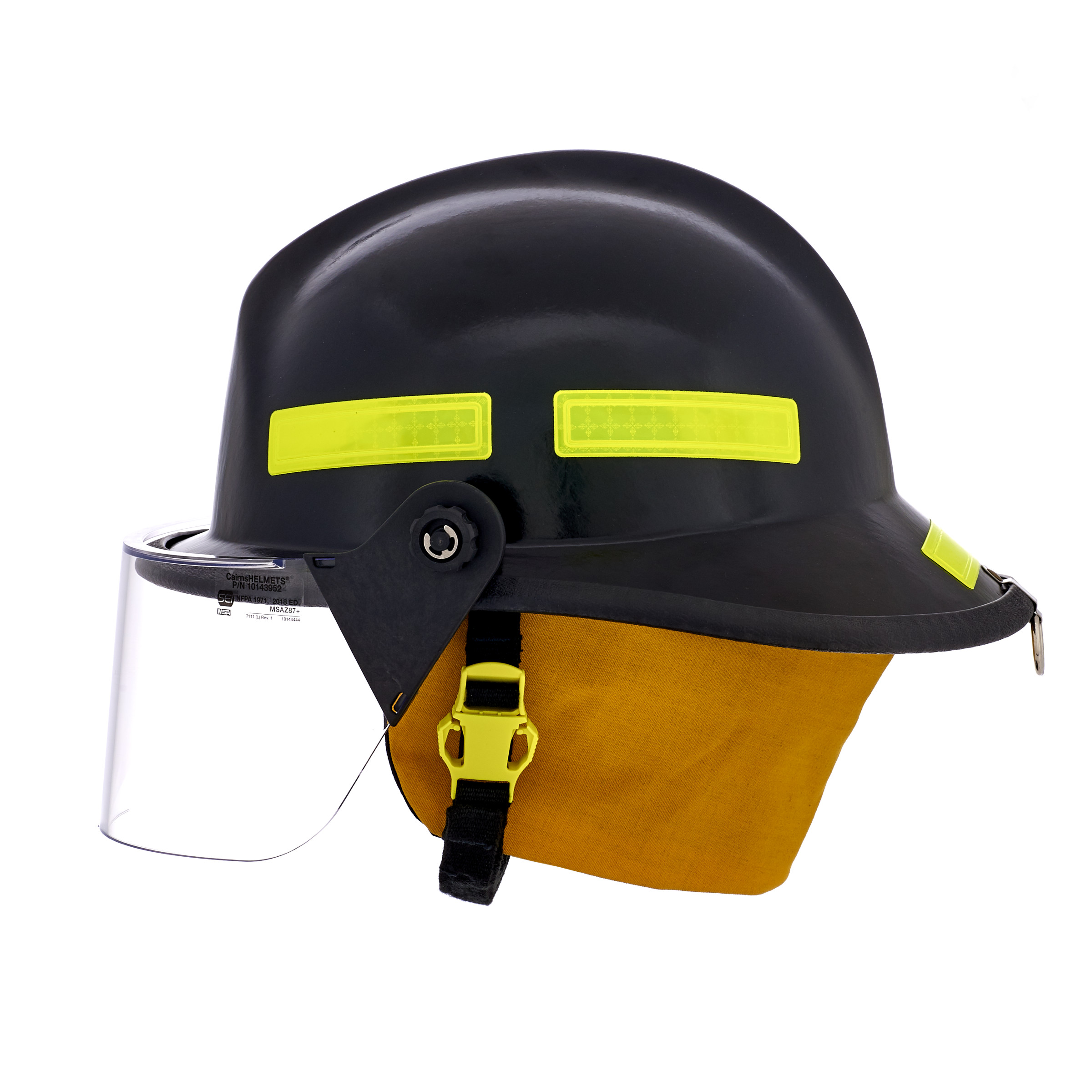 Cairns 660C Metro, Black, 4“ Standard Faceshield, Standard Flannel Liner, Nomex Earlap, Nomex Chinstrap w/ Quick Release & Postman Slide, Lime/Yellow Reflexite, Bar